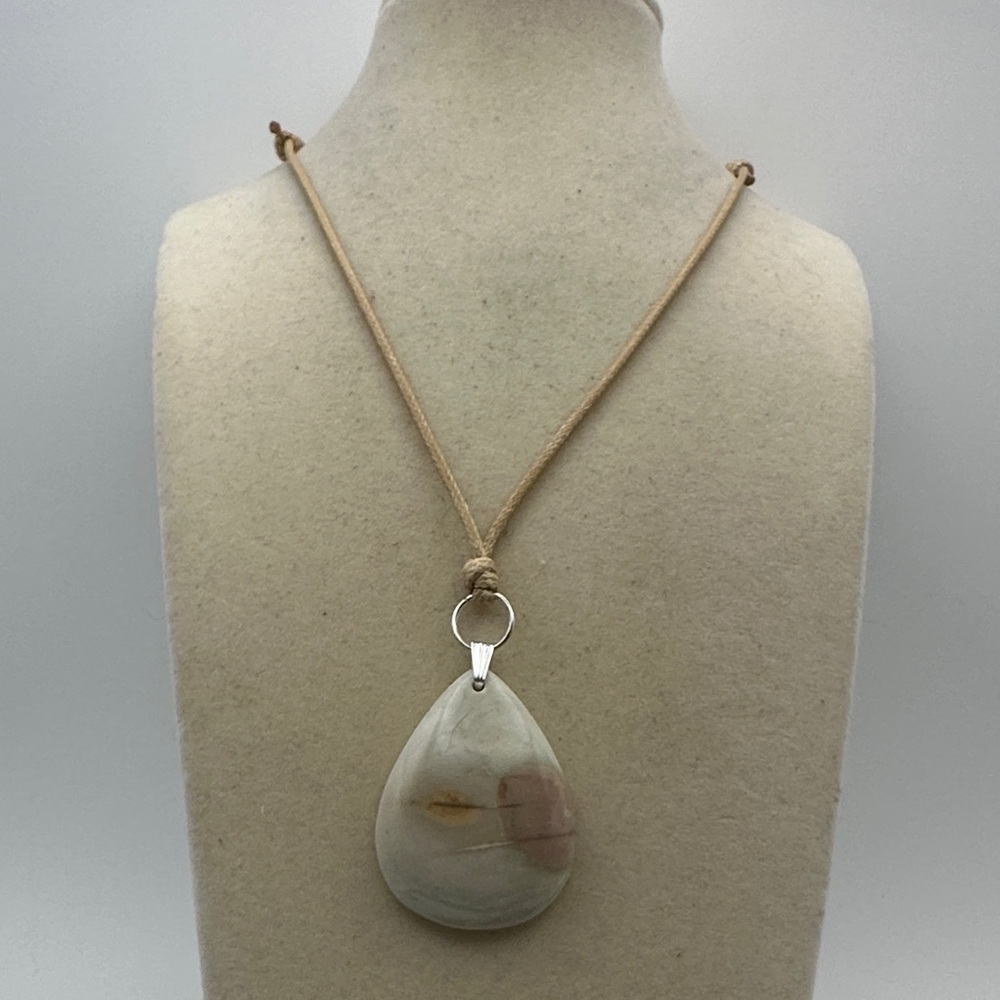 Light Polychrome Jasper Pendant Necklace on Tan Adjustable Rope - Picture 2 of 8